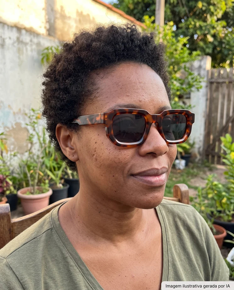 Imagen generada por IA: persona con Soven Roma de carey en un patio