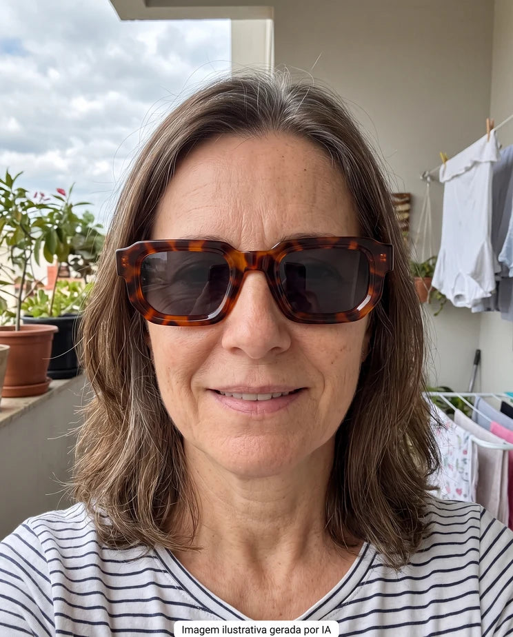 Imagen generada por IA: persona con Soven Roma de carey en una terraza
