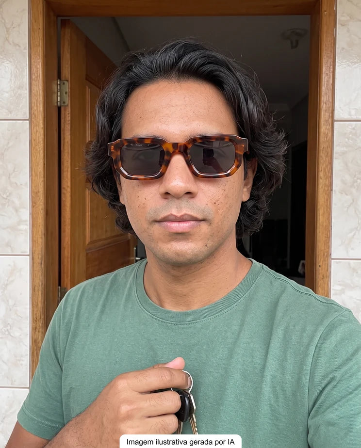 Imagen generada por IA: persona con Soven Roma de carey en la puerta de casa
